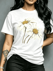 Beautiful Daisy-printed T-shirt, Casual Round-neck Short-sleeve Top, Spring and Summer Women's Clothing