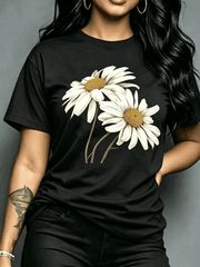 Beautiful Daisy-printed T-shirt, Casual Round-neck Short-sleeve Top, Spring and Summer Women's Clothing