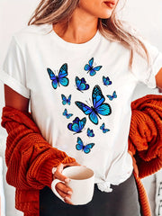 Butterfly Fashion Letter Print T-Shirt, Short Sleeve Crew Neck Casual Top