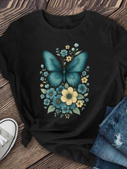 Butterfly Floral Print Graphic Tee for Women, Cute Nature Inspired Short Sleeve T-Shirt, Breathable Soft Casual Round Neck Top for Spring Summer Fall Daily Wear