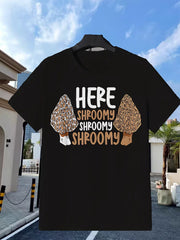 Casual Printed T-Shirt (Whimsical Mushroom Design) – Black Short-Sleeve Crew Neck Summer Style, Fun and Playful Essential, Shroomy Adventure T-Shirt