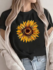 Casual Round Neck Sunflower Print T-Shirt for Women | Perfect for Outdoor Activities and Leisure Outings