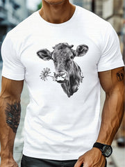 Casual Short-Sleeve T-Shirts Featuring a Detailed Graphic Print of a Cow'S Head, Perfect for Everyday Wear