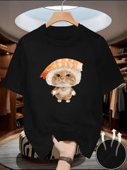 Cat Lover Gift Tee Cute Sushi Orange Kitten with Shrimp Casual Black T-Shirt