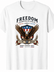Celebrating 250 Years of Freedom 1776-2026 Bald Eagle American Flag Patriotic T Shirt, Faith Family Future Honor Courage Unity USA Vintage Tee for Men Women
