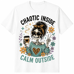 Chaotic Inside Calm Outside Skeleton Coffee Lover Shirt Funny Skull Floral Graphic Tee Retro Boho Leopard Heart Adults Unisex T-Shirt Halloween Gift for Women Mom Grandma Wife Friends