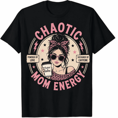 Chaotic Mom Energy Graphic T-Shirt for Women, Funny Coffee Lover Mom Tee, Retro Pink Graphic Casual Short Sleeve Crewneck Shirt