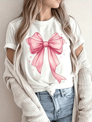 Chic Pink Bow Graphic Tee For Women - Casual Short Sleeve Crew Neck Top