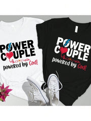 Christian Couple Graphic T-Shirt, Power Couple Powered by God Faith Print Crew Neck Short Sleeve Casual Matching Shirt for Him and Her, Religious Gift