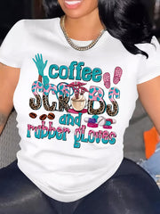 Coffee And Rubber Gloves Graphic Tee for Women, Funny Nurse Medical Short Sleeve T-Shirt, Casual Crew Neck Top for Healthcare Worker Daily Wear Gift