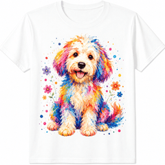 Colorful Doodle Dog Graphic T-Shirt for Adults Unisex Cute Watercolor Puppy Pet Lover Shirt Rainbow Dog Lover Casual Short Sleeve Crewneck Graphic Tee Funny Animal Lover Gift Birthday Christmas Prese