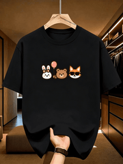Cute Cartoon Animal Friends Graphic Tee, Bunny Bear Fox Print T-Shirt for Women Men, Casual Everyday Top