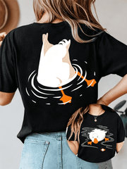 Duck Graphic Double Sided Print T‑Shirt for Women, Casual Crewneck Short Sleeve Tee, Cute Funny Duck Animal