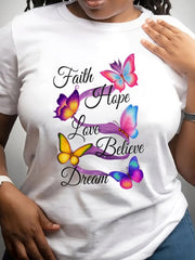 Faith Hope Love Believe Dream Graphic Tee for Women, Inspirational Butterfly Floral Print Short Sleeve T-Shirt, Casual Crew Neck Top for Daily Wear