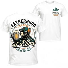 Fatherhood One Beer At A Time Cool Bear Beer Graphic T-Shirt Men Front Back Print Proud Dad Hops Vintage Retro Father’s Day Casual Short Sleeve Tee