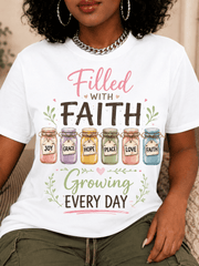 Filled with Faith Growing Every Day Christian Graphic T-Shirt for Women, Inspirational Floral Mason Jar Crew Neck Casual Tee