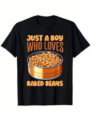 Funny "Boy Who Only Loves Baked Beans" Pattern T-Shirt - Casual Cartoon Canned Design, Perfect Gift Cute Short Sleeves