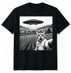 Funny Cat Graphic T-Shirt, Retro UFO Selfie Print Short Sleeve Tee for Men Women, Casual Alien Theme Shirt