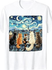 Funny Cat Starry Night Van Gogh Cats Rooftop Scene Feline Funny Crew Neck Tee with Stylish Print Casual Travel Clothing for Fashion Enthusiasts Ideal