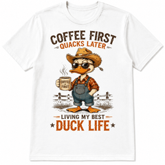 Funny Duck Life Graphic T-Shirt for Men Women, Coffee First Quacks Later Country Duck Tee, Vintage Farm Animal Casual Short Sleeve Shirt