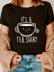 Funny Tea Lover Graphic T-Shirt for Women, Cute Tea Cup Illustration Casual Crew Neck Short Sleeve Tee, Soft Comfortable Summer Gift for Tea Enthusiasts