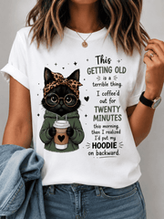 This Getting Old Is A Terrible Thing Funny Black Cat Leopard Bandana Coffee Graphic T-Shirt Women Sarcastic Aging Humor Coffee Lover Short Sleeve Casual Tee