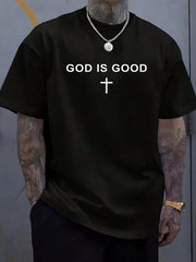 God Is Good Christian Graphic T-Shirt for Men, Inspirational Faith Cross Print Crew Neck Short Sleeve Casual Cotton Tee