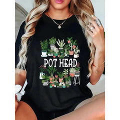 Graphic Succulent Pot Head Short Sleeve Tops - Aesthetic Everyday Essential Sports Top