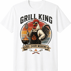 Grill King BBQ Rooster T-Shirt Funny Backyard Barbecue Graphic Tee for Men