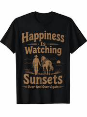 Happiness Is Watching Sunsets Over And Over Again Western Graphic T-Shirt, Vintage Cowboy Horse Country Tee for Men & Women