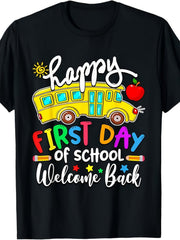 Happy First Day Of School Welcome Back Graphic Tee for Women, Cute Teacher Student Short Sleeve T-Shirt, Casual Crew Neck Top for School Bus Driver Gift