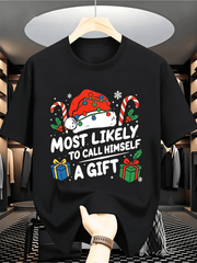 Humorous Christmas T-Shirt for Men - Likely to Refer to Himself As a Present, Novelty Featuring Gumball Candy Cane And Snowflake Patterns