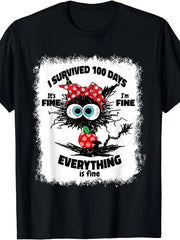 I Survived 100 Days Of School Graphic Tee for Men Women, Its Fine Im Fine Everything Is Fine Short Sleeve T-Shirt, Funny Saying Casual Crew Neck Top for Birthday Back to School Gift