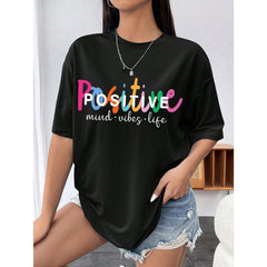 INAWLY Slogan Graphic Drop Shoulder Tee POSITIVE Mind Vibes Life