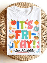 It's Fri-Yay Lunch Lady Life Graphic Tee, Cute Cartoon Food Apple Milk Print Casual Crewneck Short Sleeve T-Shirt for Women