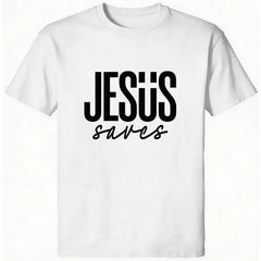 Jesus Saves Minimal Letter Graphic Unisex Crew Neck Short Sleeve Cotton T-Shirt