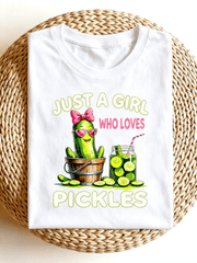 Just A Girl Who Loves Pickles Cartoon Cucumber Graphic Tee, Cute Food Lover Casual Women Short Sleeve T-Shirt