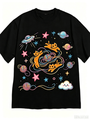 Kawaii Cartoon Galaxy Cat Tshirt, Adorable Flying Kitten UFO Colorful Yarn Ball Planet Star Graphic Tee, Soft Cotton Casual Short Sleeve Shirt for Cat Lovers Gift