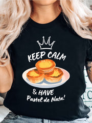 Keep Calm And Have Pastel De Nata Graphic Tee for Women Men, Portuguese Custard Tart Short Sleeve T-Shirt, Funny Food Lover Casual Crew Neck Top for Daily Wear