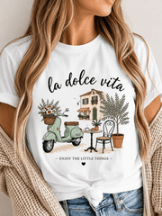 La Dolce Vita Enjoy The Little Things Italian Vintage Scooter Floral Street Graphic T-Shirt Women Cute European Cafe Olive Tree Vacation Short Sleeve Casual Tee