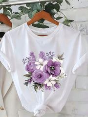Lavender Purple Rose And Green Leaf Print Wo'S Style Floral TShirt
