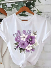 Lavender Purple Rose Green Leaf Bohemian Floral Print Graphic Tee for Women, Cute Nature Inspired Short Sleeve T-Shirt, Breathable Casual Round Neck Top for Spring Summer Daily Wear