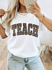 Leopard Print Teach Varsity Letter Graphic Tee, Minimalist Teacher Casual Crewneck Short Sleeve T-Shirt for Women