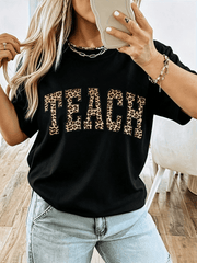Leopard Print Teach Varsity Letter Graphic Tee, Minimalist Teacher Casual Crewneck Short Sleeve T-Shirt for Women