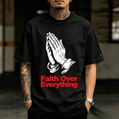 Men Faith Over Everything Praying Hands Graphic T-Shirt, Crew Neck Short Sleeve Cotton Tee, Inspirational Christian Religious Casual Top for Daily Church Summer Wear