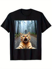 Men'S Funny Cat Selfie & Sasquatch Graphic Tee, Crew Neck Short Sleeve, Weekend Casual Wear, Summer All-season Casual Wear