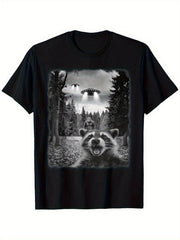 Men'S Funny Sasquatch Raccoon Graphic T-Shirt, Casual Round Neck Short Sleeve Tee with UFO Design