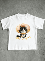 Men Women Cute Black White Cat Donut Graphic T-Shirt, Funny Sprinkles Pink Donut Kitten Bell Collar Cartoon Short Sleeve Tee
