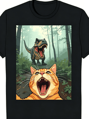 Men Women Funny Cat Dinosaur Selfie Graphic Tee Casual Short Sleeve Animal Lover T-Shirt