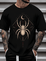 Men Women Gothic Spider Crescent Moon Graphic T-Shirt, Vintage Occult Celestial Star Geometric Diamond Short Sleeve Tee